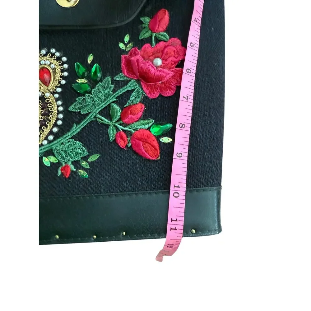 Vintage Embellished Top Handle Rhinestone Flamenco Dancer Embroidered Rose Purse